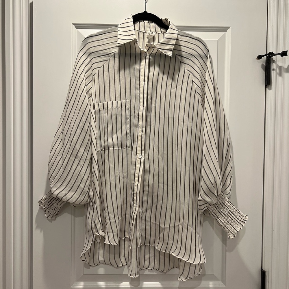 Unworn Grey & white striped blouse with bell sleeve